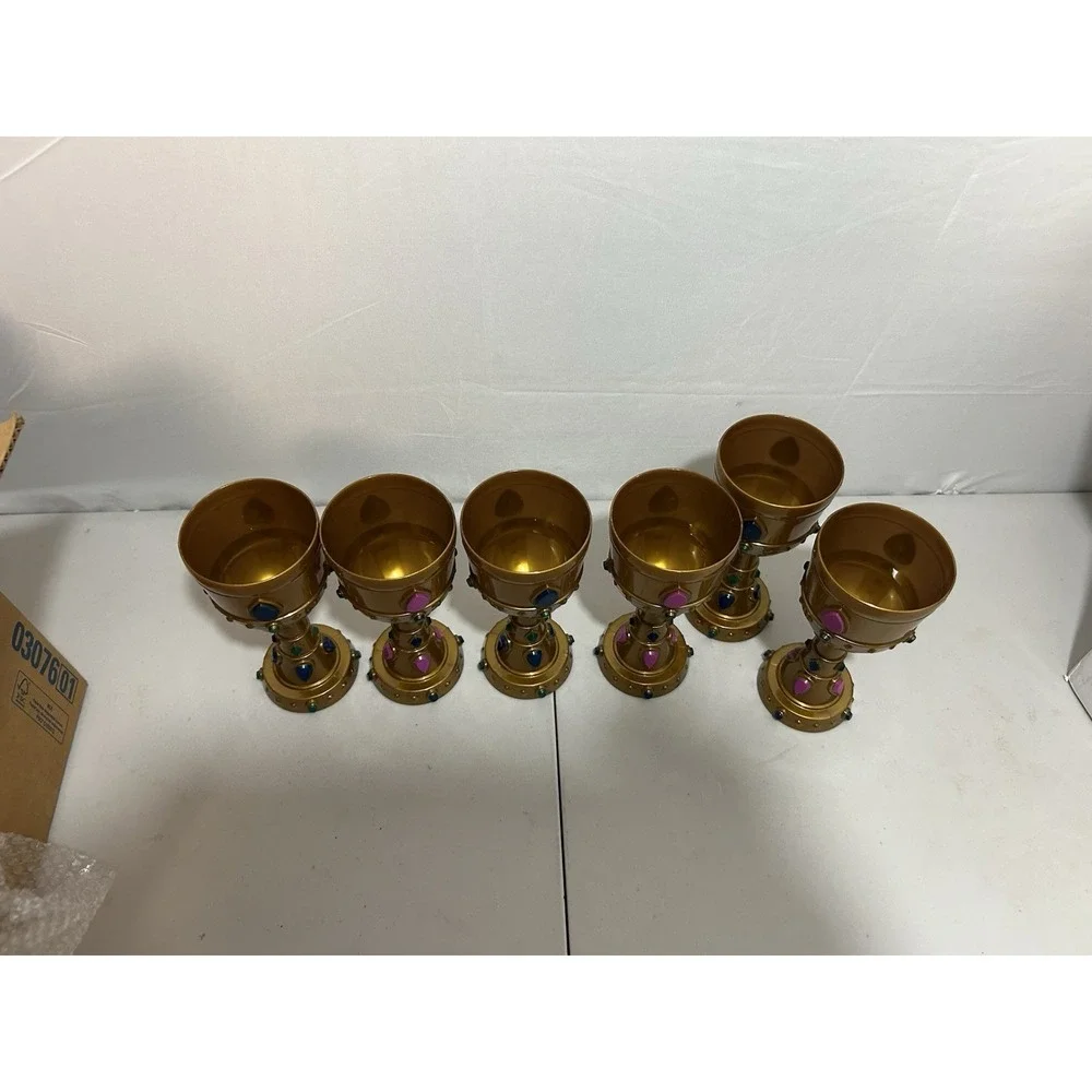 Lot of 6 Molded Plastic Gold Crown Royalty Goblets - Pink,‎ Blue, Green Gems